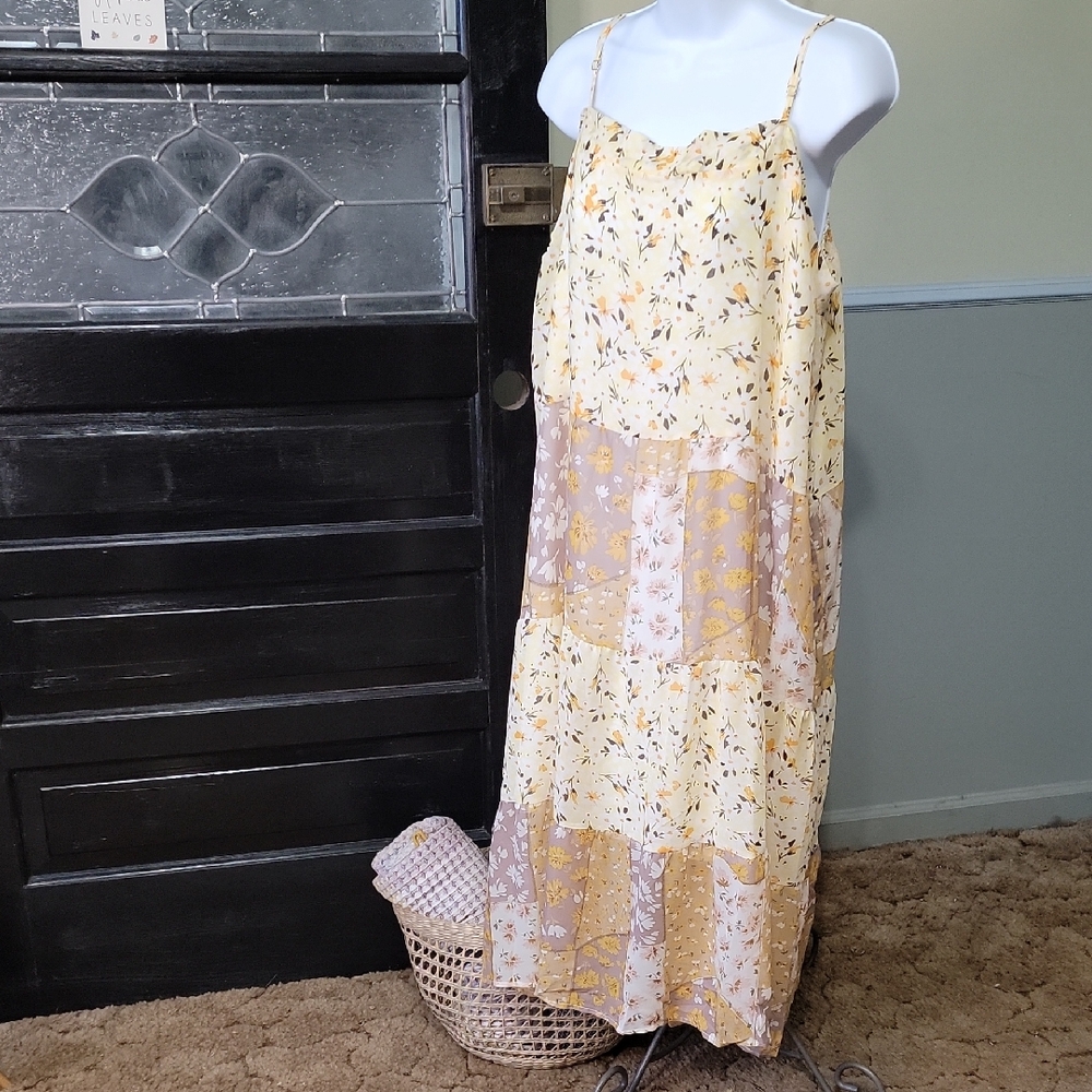 NWT DAVI & DANI Sheer Yellow Floral Patchwork Dress Pockets Lined Woman Size 3XL